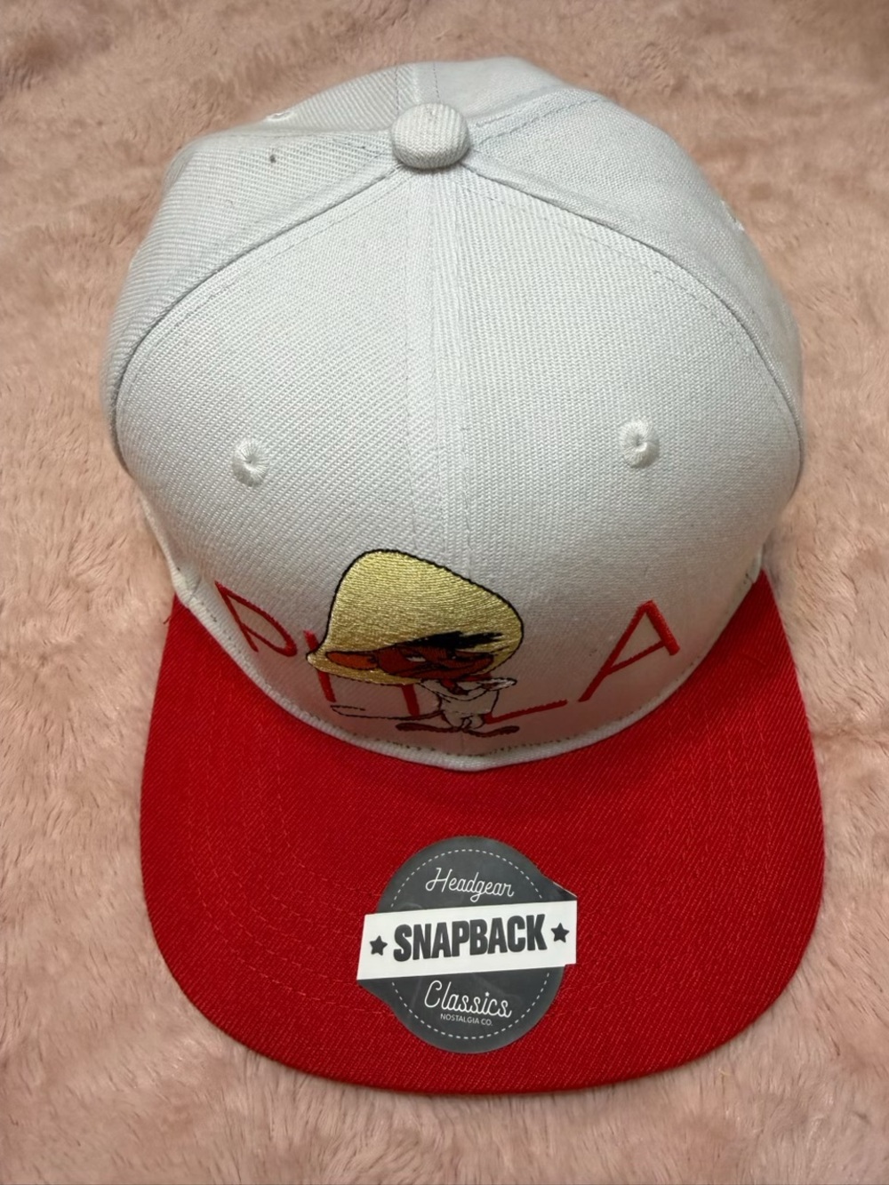 White and Red Snapback Hat with Embroidered Character